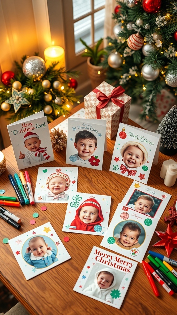A collection of DIY Christmas cards with baby photos, decorated with colorful designs and festive embellishments on a holiday-themed table.